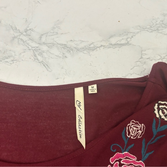 NY Collection Long Sleeve Blouse Sz M Red Pullover Top Floral Embroidered - Picture 4 of 4